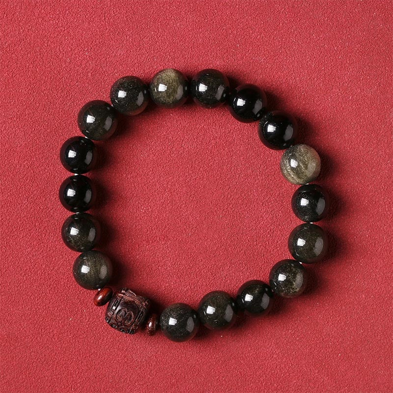 KarmaRipple's Authentic Gold Sheen Obsidian Rainbow Obsidian Om Mani Padme Hum Fu Character Balancing Bracelet p27