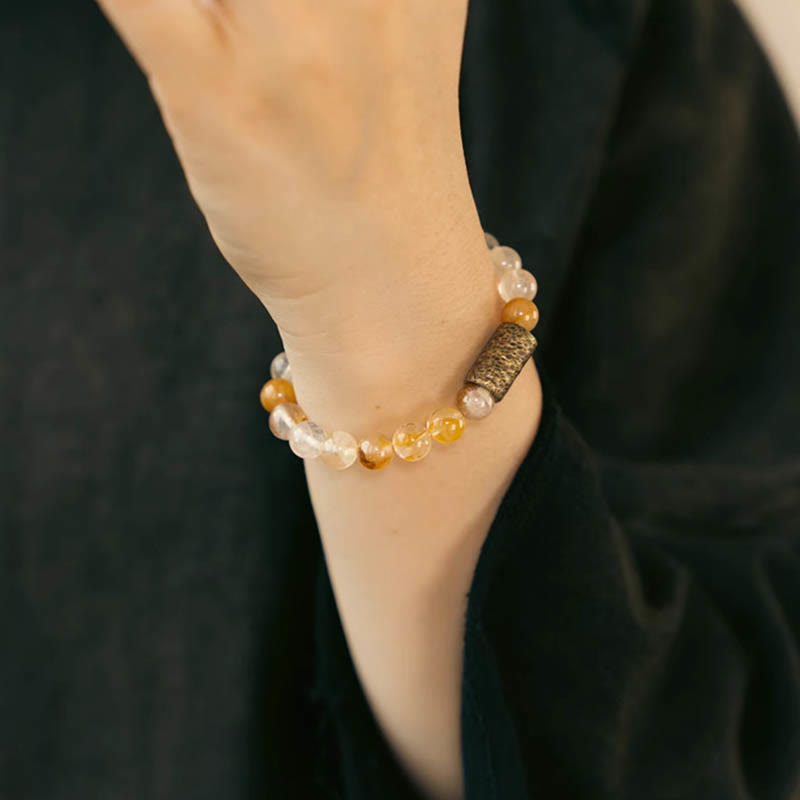 KarmaRipple's Ivory Gemstone Red Hematoid Quartz Gold Rutilated Quartz Purple Phantom Protection Bracelet p22