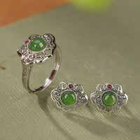 KarmaRipple's 925 Sterling Silver Authentic Hetian Cyan Jade Hollow Design Fortune Ring Earrings Set
