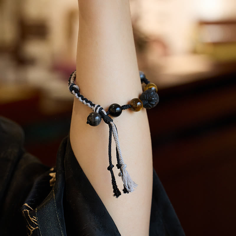 KarmaRipple's Authentic Fluorite Amethyst Silver Sheen Obsidian Tiger's Eye Protection Rope Bracelet p10