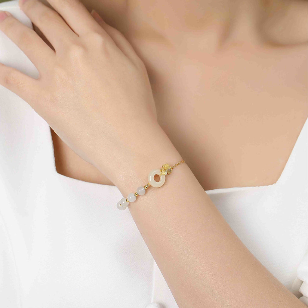 KarmaRipple's 925 Sterling Silver Hetian Ivory Jade Peace Buckle Ginkgo Leaf Fortune Bracelet p3
