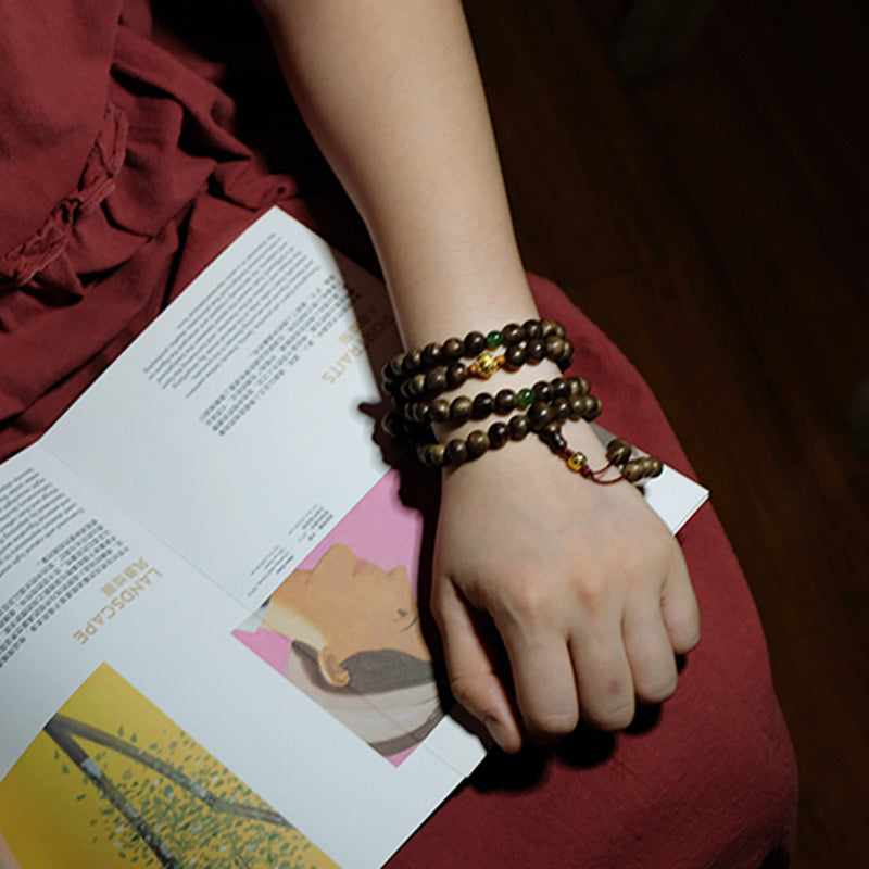 KarmaRipple's 999 Gold 108 Mala Beadwork Kalimantan Agarwood Cyan Jade Six True Words Strength Bracelet p5