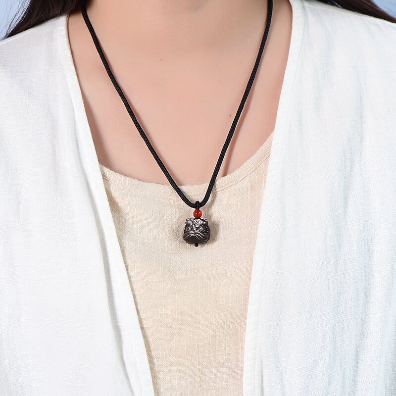KarmaRipple's Authentic Silver Sheen Obsidian Dancing Lion Protection Pendant Necklace p7