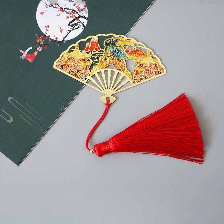 KarmaRipple's Traditional Butterfly Lotus Flower Crane Dragon Phoenix Fox Koi Fish New Beginning Metal Brass Hollow Fan Bookmarks p17