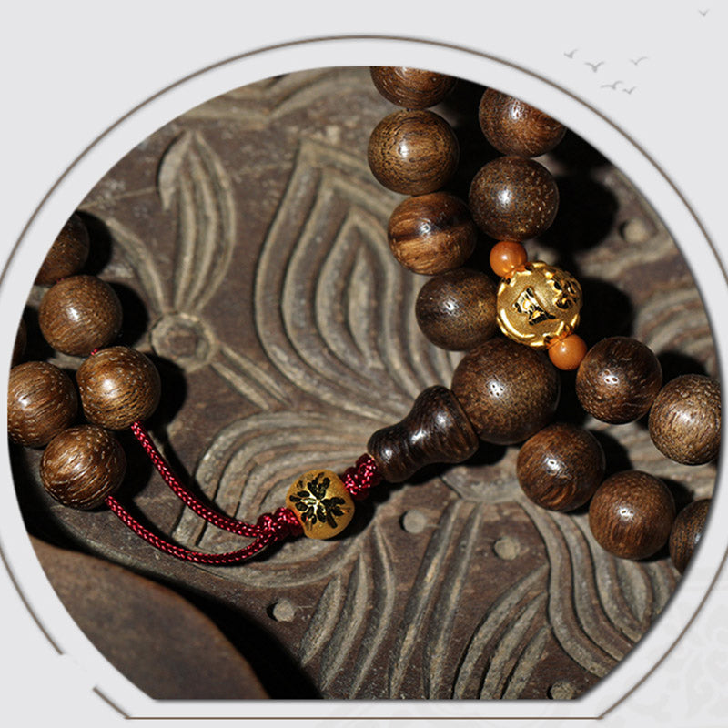 KarmaRipple's 999 Gold 108 Mala Beadwork Kalimantan Agarwood Cyan Jade Six True Words Strength Bracelet p16