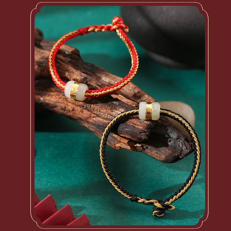 KarmaRipple's 999 Gold Hetian Ivory Jade Om Mani Padme Hum Fu Character Fortune Woven Bracelet p13