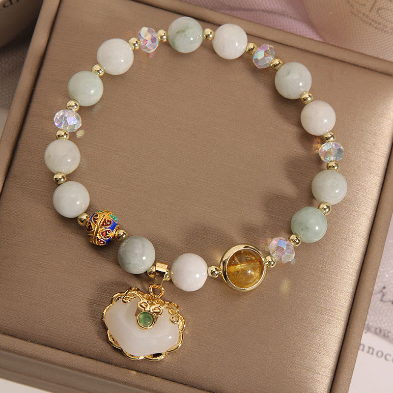 KarmaRipple's Strawberry Quartz Green Gemstone Amethyst Balancing Chinese Lock Talisman Bracelet p11