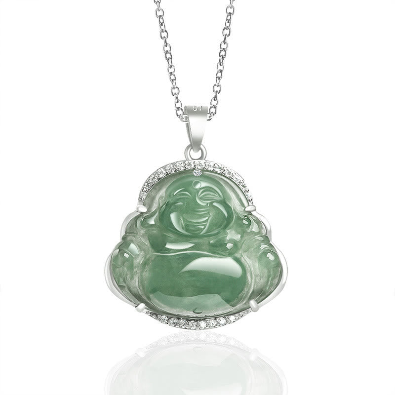 KarmaRipple's 925 Sterling Silver Laughing Buddha Authentic Jade Fortune Prosperity Pendant Chain Necklace p1