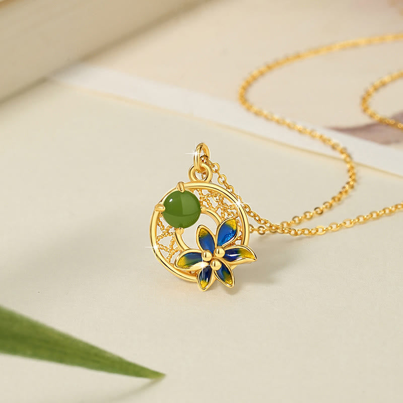 KarmaRipple's 925 Sterling Silver Authentic Hetian Cyan Jade Flower Fortune Pendant Necklace Ring Earrings Set p2