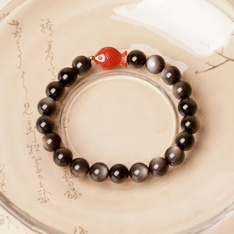 KarmaRipple's Authentic Silver Sheen Obsidian Cinnabar Koi Fish Soothing Protection Bracelet p11