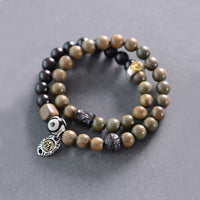 KarmaRipple's Tibetan Green Sandalwood Ebony Wood Three-eyed Dzi Bead Fu Character Balance Peace Double Wrap Bracelet