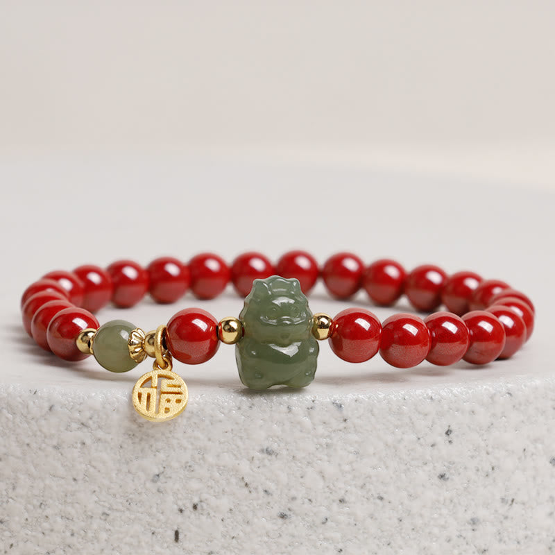 KarmaRipple's 925 Sterling Silver Year of the Dragon Authentic Cinnabar Hetian Jade Dragon Fu Character Ruyi As one'shes Talisman Blessing Bracelet ( p6
