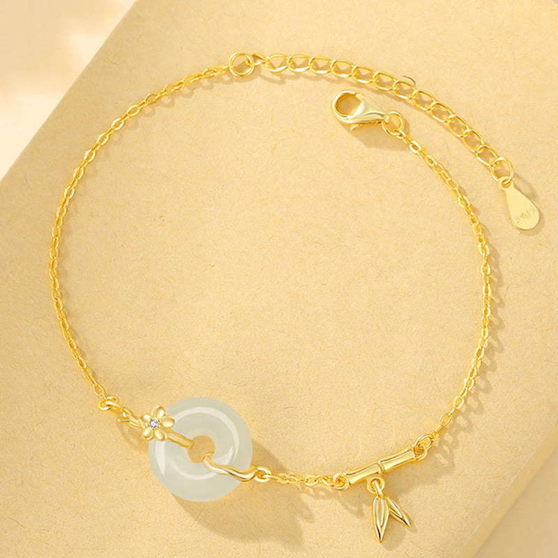 KarmaRipple's 925 Sterling Silver Hetian Jade Chalcedony Peace Buckle Bamboo Leaf Prosperity Chain Bracelet p3