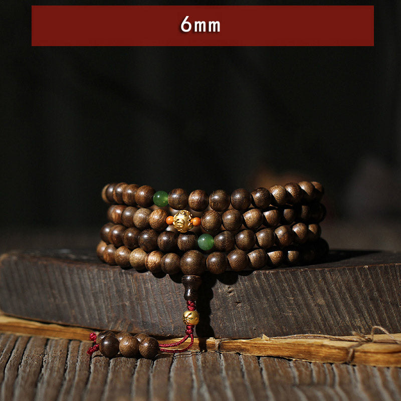 KarmaRipple's 999 Gold 108 Mala Beadwork Kalimantan Agarwood Cyan Jade Six True Words Strength Bracelet p1