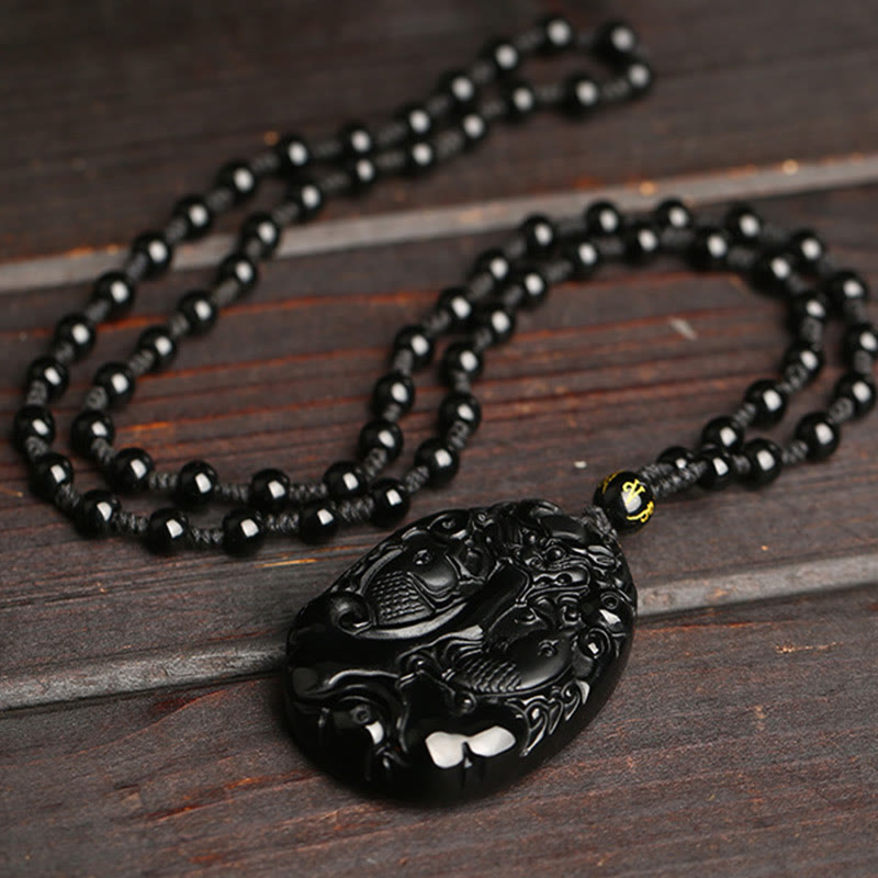 KarmaRipple's Black Obsidian Koi Fish Bead Rope Fulfilment Strength Pendant Necklace p4