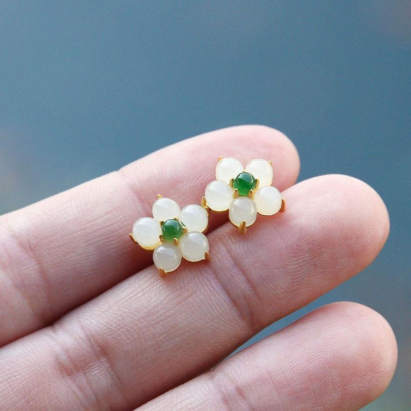 KarmaRipple's Ivory Jade Flower Fortune Blessing Stud Earrings p4