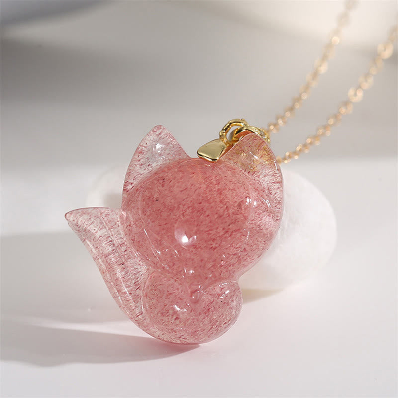 KarmaRipple's 14k Gold Plated 925 Sterling Silver Strawberry Quartz Fox Balancing Pendant Necklace p4