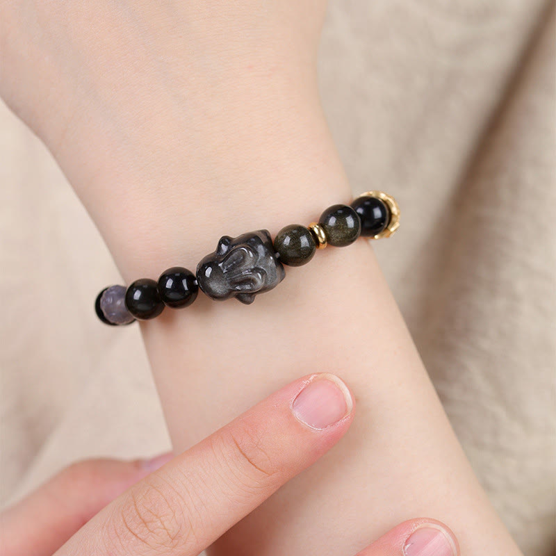 KarmaRipple's Gold Sheen Obsidian Black Obsidian Silver Sheen Obsidian Cute Rabbit Protection Bracelet p12