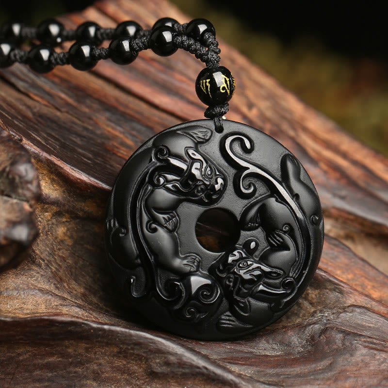 KarmaRipple's Authentic Black Obsidian Peace Buckle Pixiu Bead Rope Strength Pendant Necklace p11