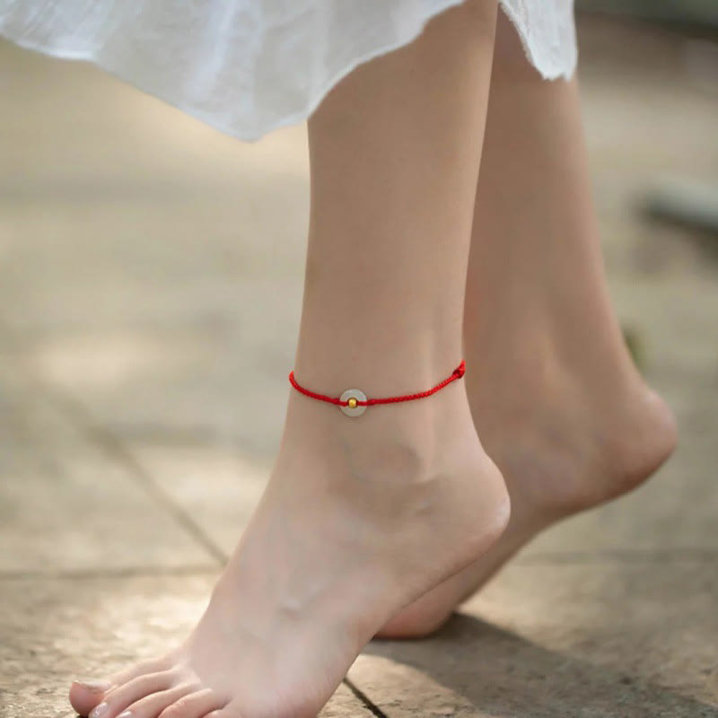 KarmaRipple's 999 Gold Bead Round Peace Buckle Hetian Jade Fortune Abundance Woven Bracelet Anklet p7