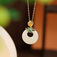 KarmaRipple's 925 Sterling Silver Plated Gold Year of the Dragon Hetian Jade Peace Buckle Bronze Coin Abundance Pendant Necklace