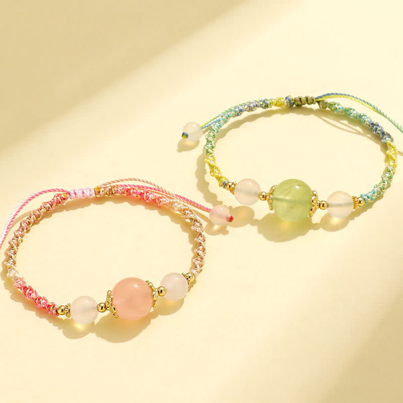 KarmaRipple's Strawberry Quartz Pink Gemstone Prehnite Ivory Agate Bead Balancing Rope Bracelet p16