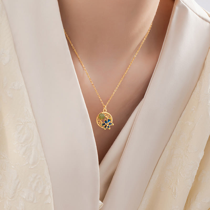 KarmaRipple's 925 Sterling Silver Authentic Hetian Cyan Jade Flower Fortune Pendant Necklace Ring Earrings Set p9