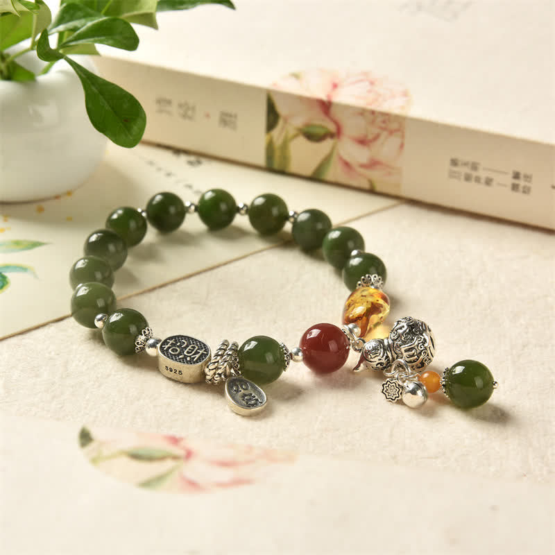 KarmaRipple's 925 Sterling Silver Hetian Cyan Jade Gourd Amber Success Bracelet p5