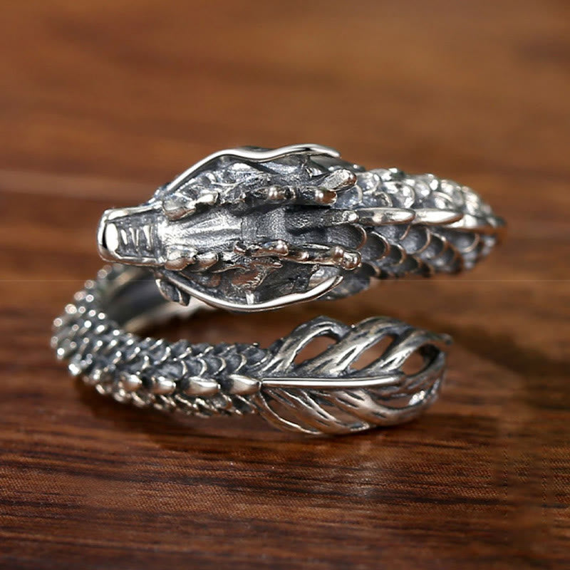 KarmaRipple's 925 Sterling Silver Vintage Dragon Success Protection Strength Adjustable Ring p7