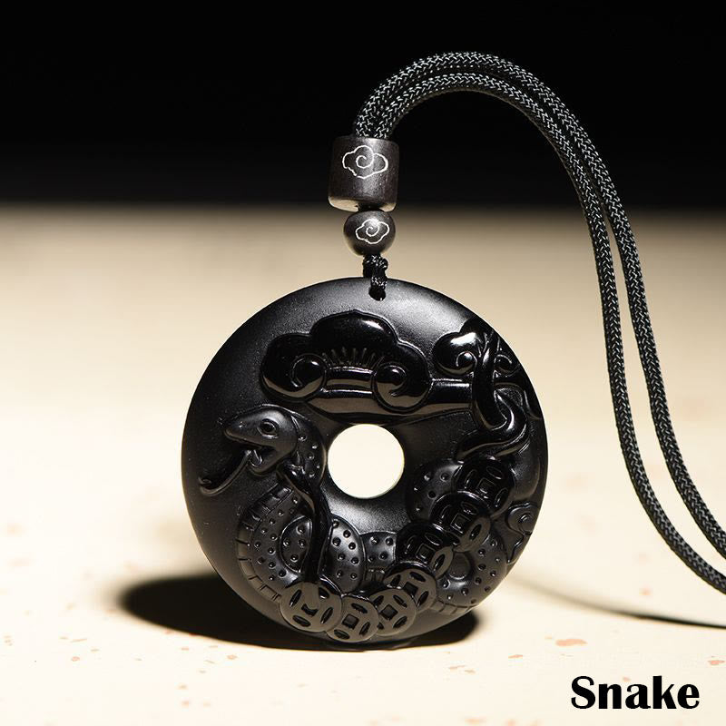 KarmaRipple's Chinese Zodiac Authentic Black Obsidian Peace Buckle Strength Pendant Necklace p34