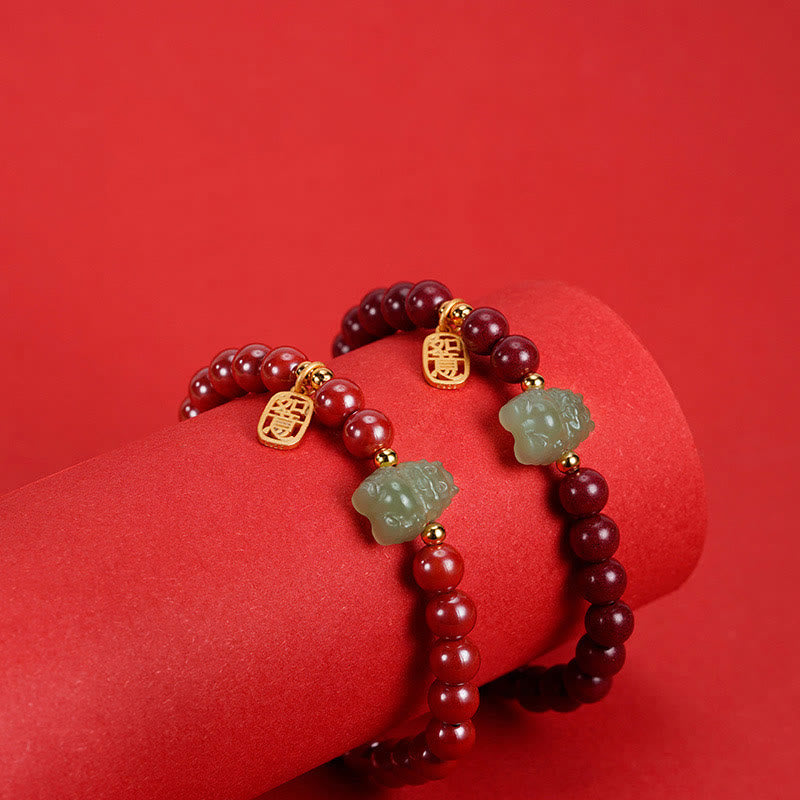 KarmaRipple's 925 Sterling Silver Year of the Dragon Authentic Cinnabar Hetian Jade Dragon Fu Character Ruyi As one'shes Talisman Blessing Bracelet ( p16