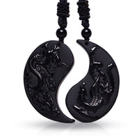 KarmaRipple's Black Obsidian Yin Yang Dragon Phoenix Fortune Pendant Necklace