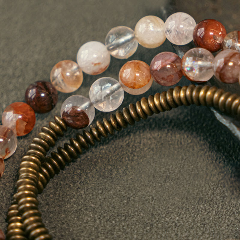 KarmaRipple's Purple Phantom Red Hematoid Quartz Green Rutilated Quartz Bronze Love Forgive Bracelet p18