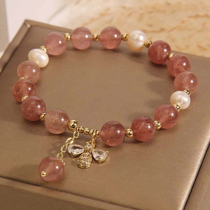 KarmaRipple's Strawberry Quartz Pearl Cute Zircon Honeybee Positive Talisman Bracelet p3