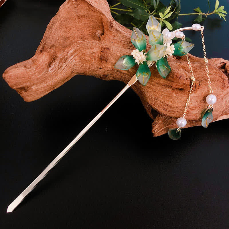 KarmaRipple's Flower Leaf Pearl Peace Tassel Hairpin p2