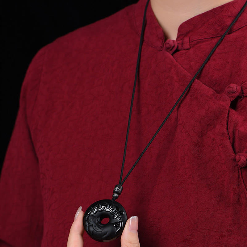 KarmaRipple's Chinese Zodiac Authentic Black Obsidian Peace Buckle Strength Pendant Necklace p20