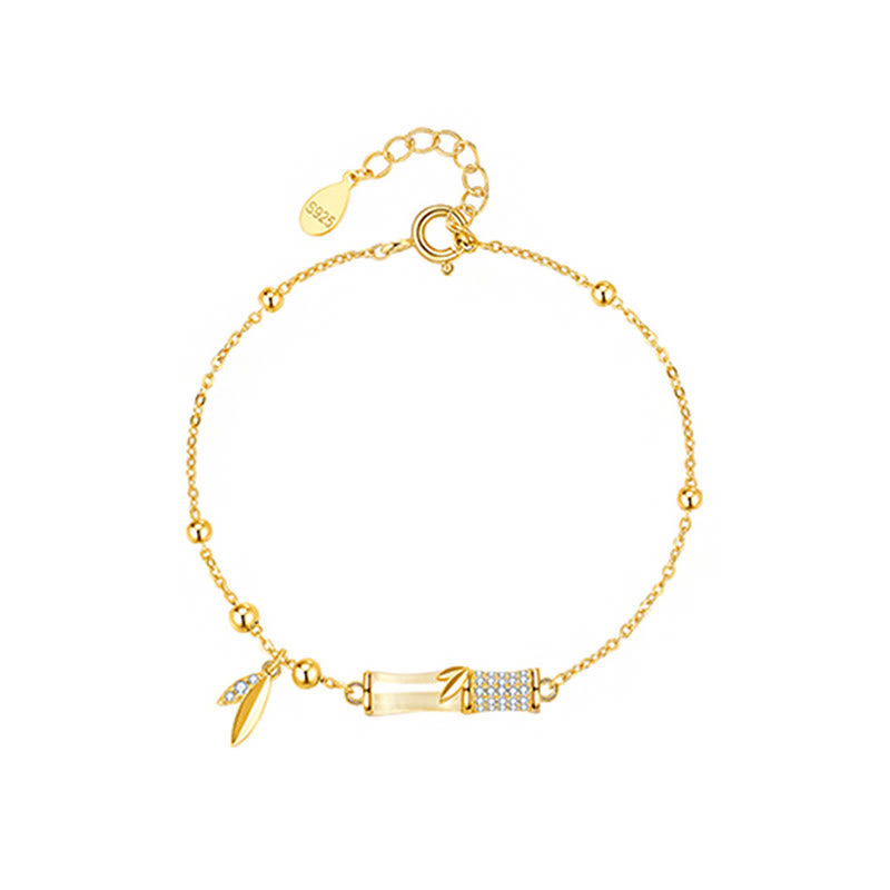 KarmaRipple's 925 Sterling Silver 18K Gold Plated Ivory Jade Bamboo Zircon Leaf Fortune Bracelet p13