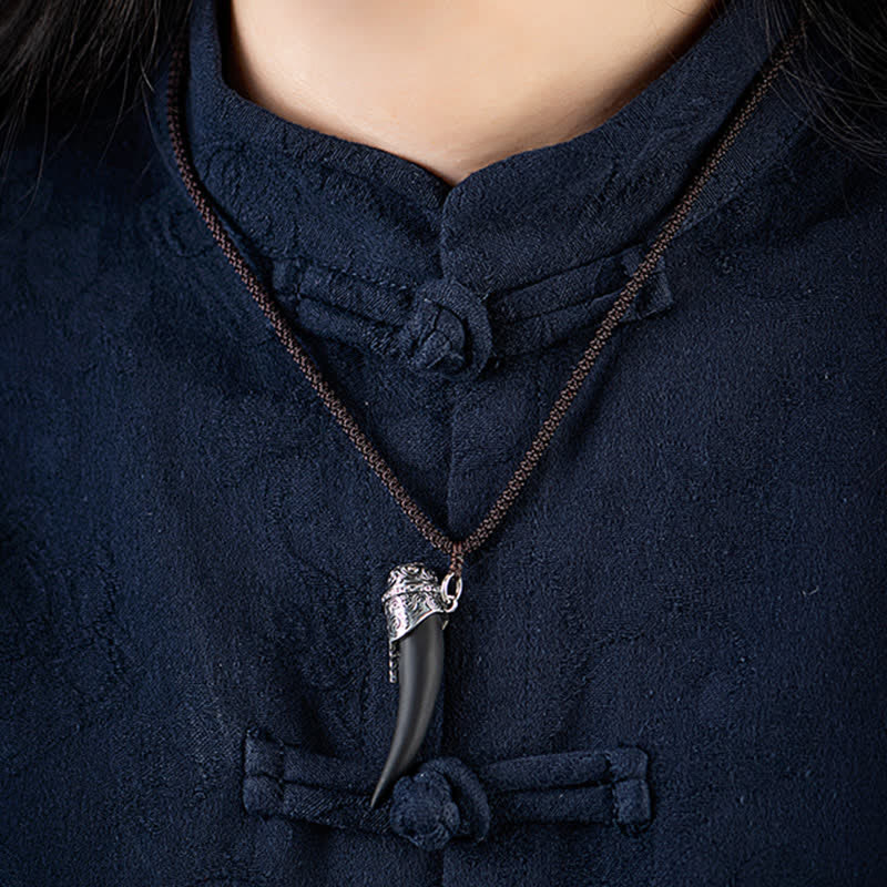 KarmaRipple's 925 Sterling Silver Black Obsidian Wolf Tooth Pattern Strength Pendant Necklace p3