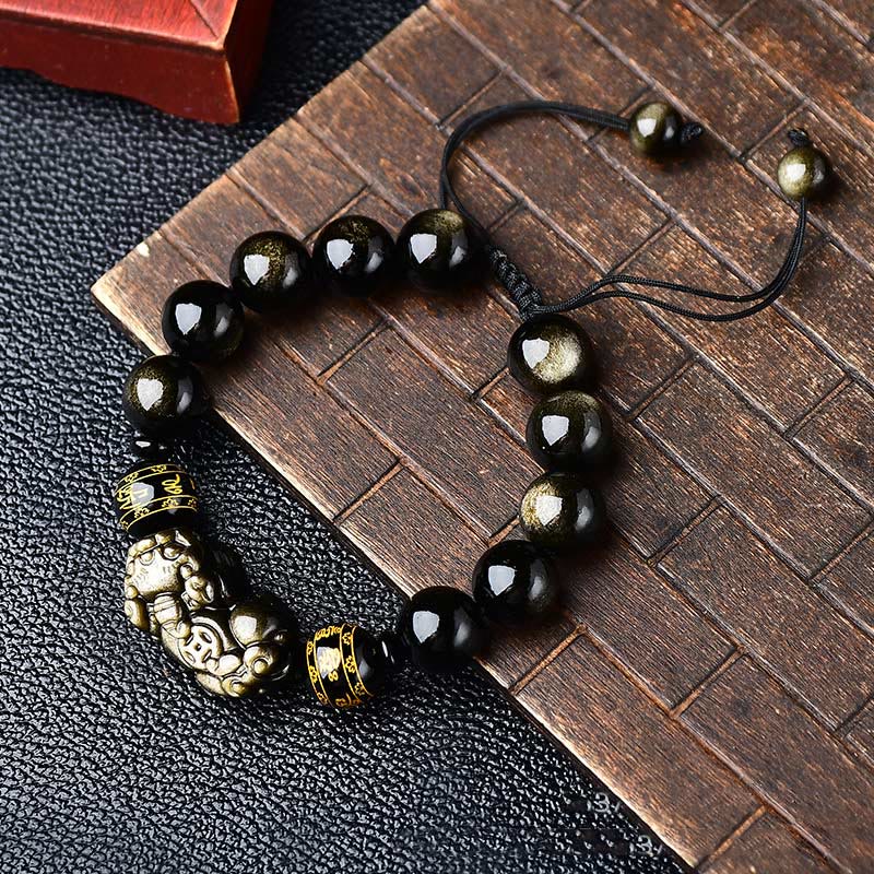 KarmaRipple's Authentic Gold Sheen Obsidian PiXiu Om Mani Padme Hum Wealth Woven Bracelet p3