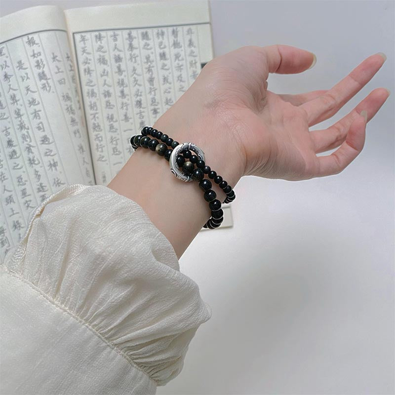 KarmaRipple's 999 Sterling Silver Black Obsidian Fulfillment Strength Double Layer Bracelet p7