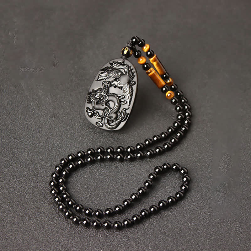 KarmaRipple's Black Obsidian Tiger Eye Dragon Phoenix Protection Beaded Pendant Necklace p12