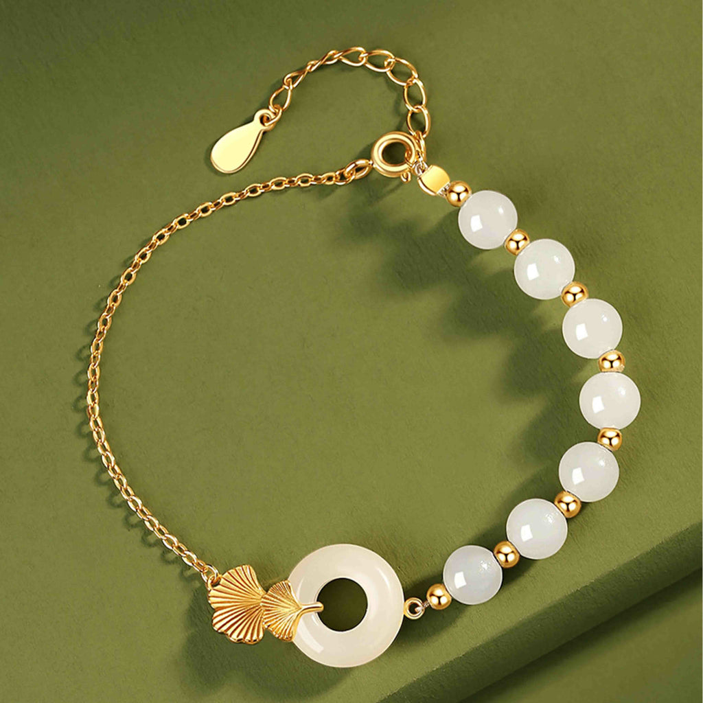 KarmaRipple's 925 Sterling Silver Hetian Ivory Jade Peace Buckle Ginkgo Leaf Fortune Bracelet p2
