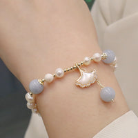 KarmaRipple's Authentic Aquamarine Pearl Balancing Ginkgo Leaf Butterfly Talisman Bracelet