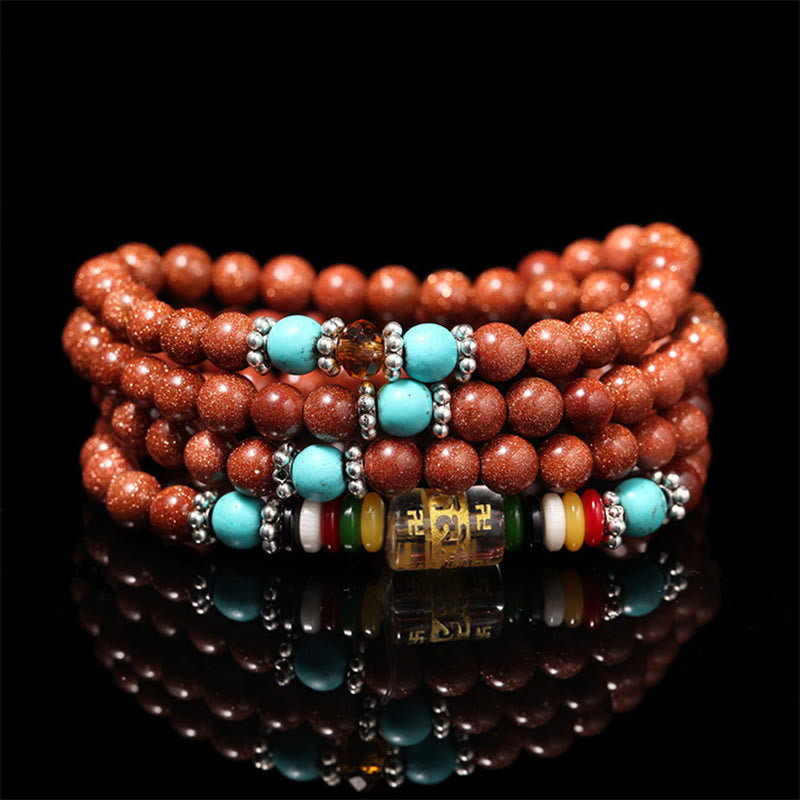 KarmaRipple's 108 Mala Beadwork Goldstone Om Mani Padme Hum Swastika Confidence Bracelet p12