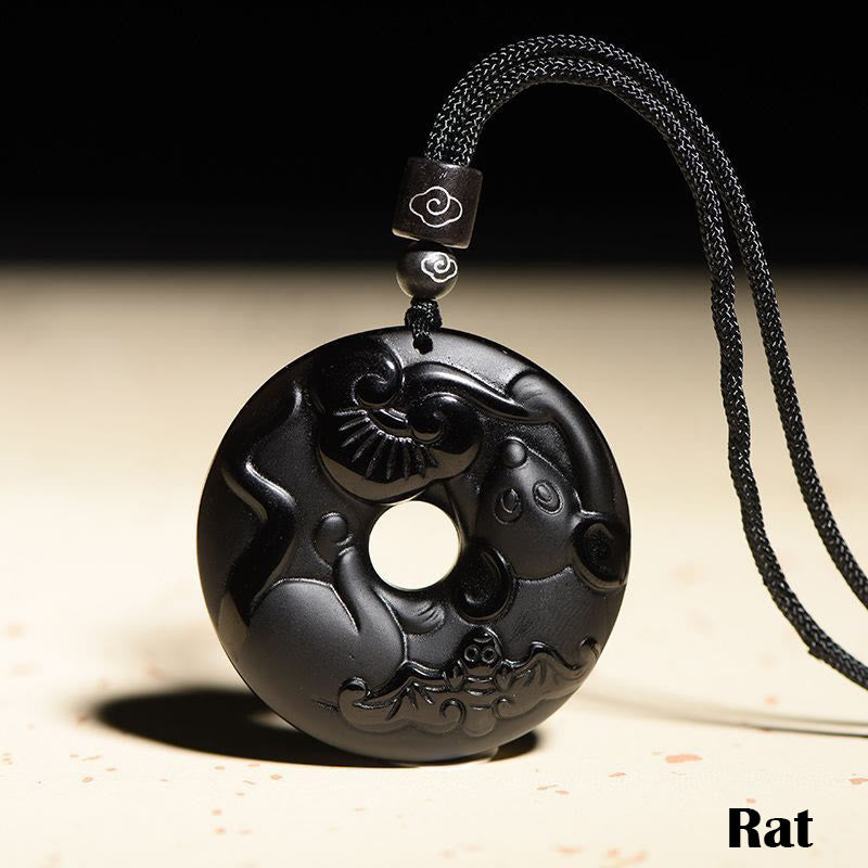 KarmaRipple's Chinese Zodiac Authentic Black Obsidian Peace Buckle Strength Pendant Necklace p30