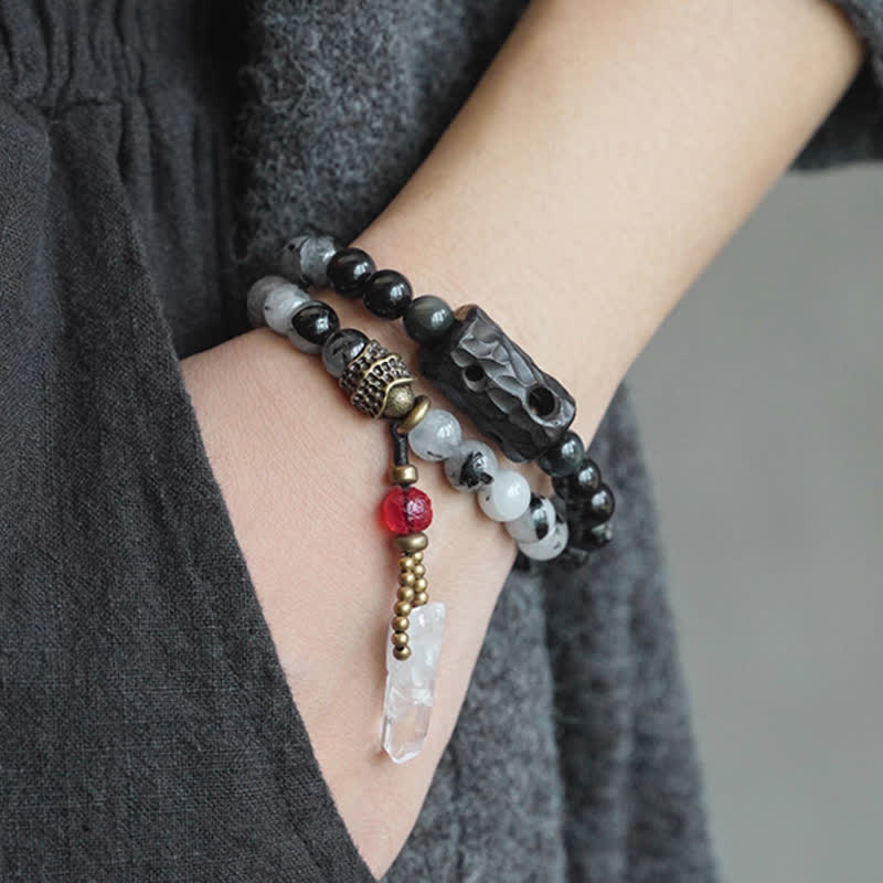 KarmaRipple's Black Rutilated Quartz Ebony Wood Ivory Gemstone Success Pair Bracelet p2