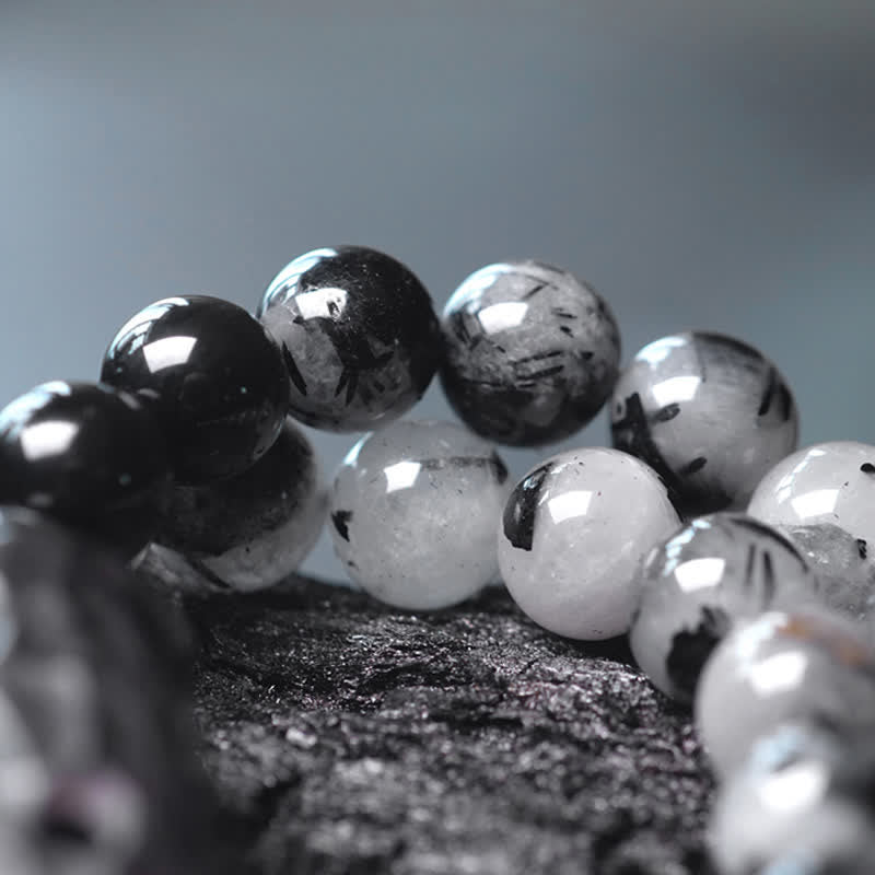 KarmaRipple's Black Rutilated Quartz Ebony Wood Ivory Gemstone Success Pair Bracelet p10