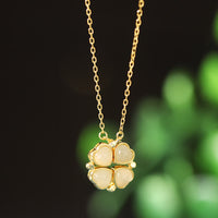 KarmaRipple's 925 Sterling Silver Four Leaf Clover Ivory Jade Red Agate Abundance Pendant Necklace