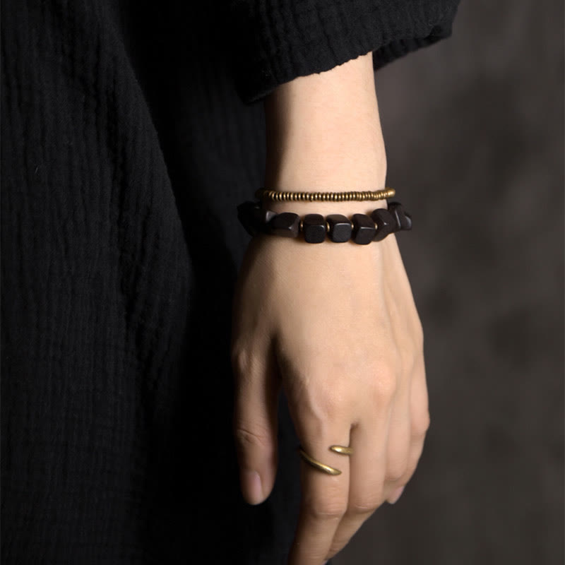 KarmaRipple's Tibetan Ebony Wood Bronze Peace Double Wrap Bracelet p7