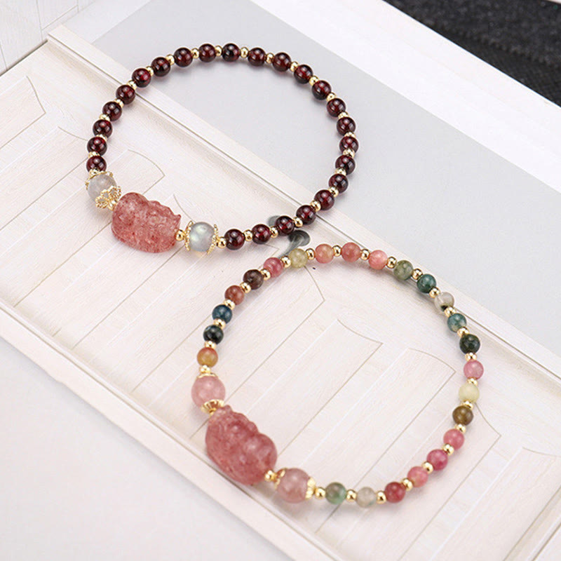 KarmaRipple's Authentic Tourmaline Garnet Strawberry Quartz PiXiu Moonstone Protection Bracelet p3
